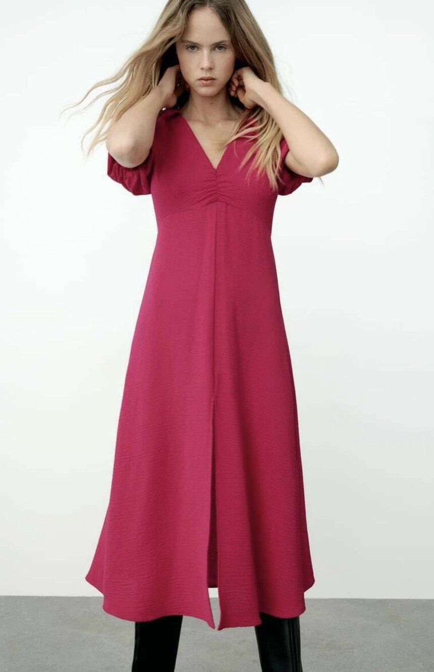 Zara Fuchsia Long Women’s Dress Puff Balloon Sleeves Pink Colorful Size Medium